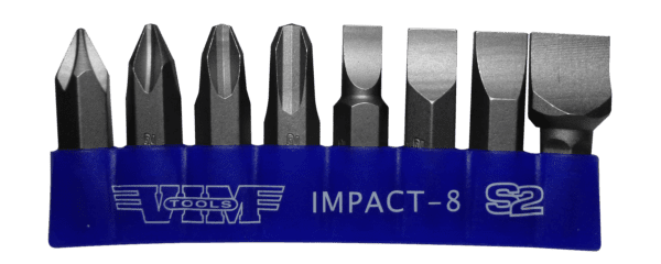 Impact Quality S2 Bit Set, 8 pc Bits 5/16" Hex bodies, 1.25"L, P1-P4 Phillips & Flat Tip