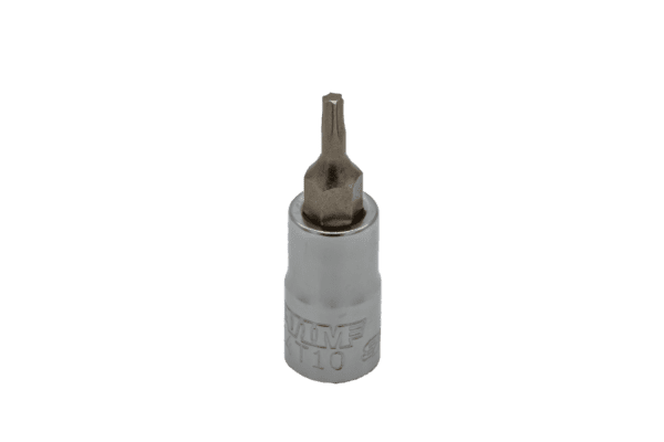 T10 Torx, Gun metal gray bit, Satin chrome 1/4” sq.dr. bit holder