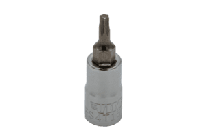 T15 Torx, Gun metal gray bit, Satin chrome 1/4” sq.dr. bit holder