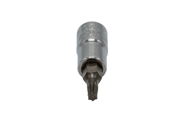T20 Torx, Gun metal gray bit, Satin chrome 1/4” sq.dr. bit holder