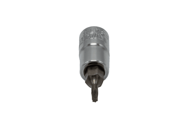 T8 Torx, Gun metal gray bit, Satin chrome 1/4” sq.dr. bit holder