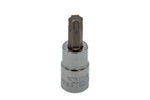 T50 Torx, Gun metal gray bit, Satin chrome 3/8" sq.dr. bit holder