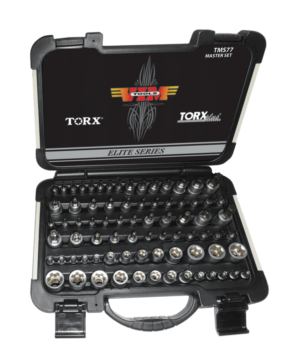 Master TORX Driver Set 77pc, All Torx, and Torx Plus Drivers and Sockets, includes Torx, Torx TP, Torx Plus 6 point, Torx Plus 5 point, and Torx and Torx Plus Sockets. Satin chrome Sockets and Bit Holders with Gun Metal Gray bits, all S2 Steel, Deluxe case with part listing