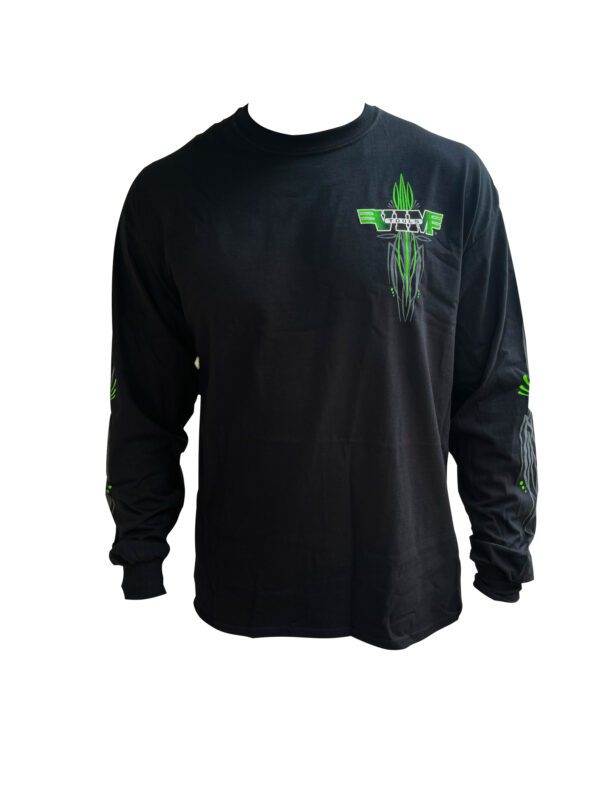 Front of Black Long Sleeve VIM Shirt, Green Logo