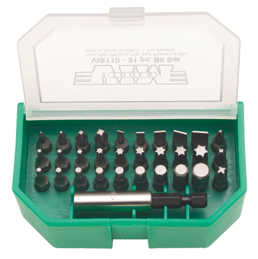 Torx, Hex, Phillips, Pozi & Flat Tip bits 31 Pc set, 1/4" mag. driver, green box