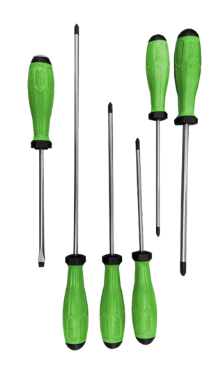 6 PC. PHILLIPS/FLAT GREEN SCREWDRIVER SET, S2 STEEL